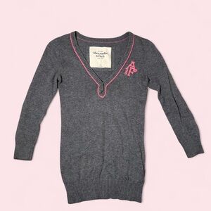 Abercrombie & Fitch Charcoal V-Neck Sweater with Pink Trim